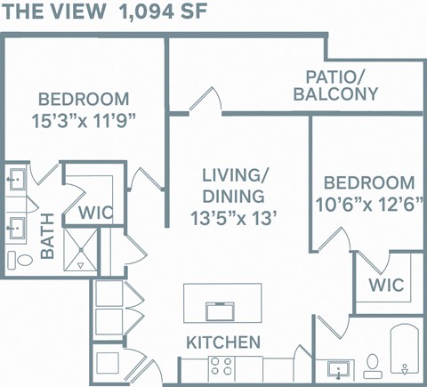 Floor plan for 2 beds, 2 baths, 1094 sqft